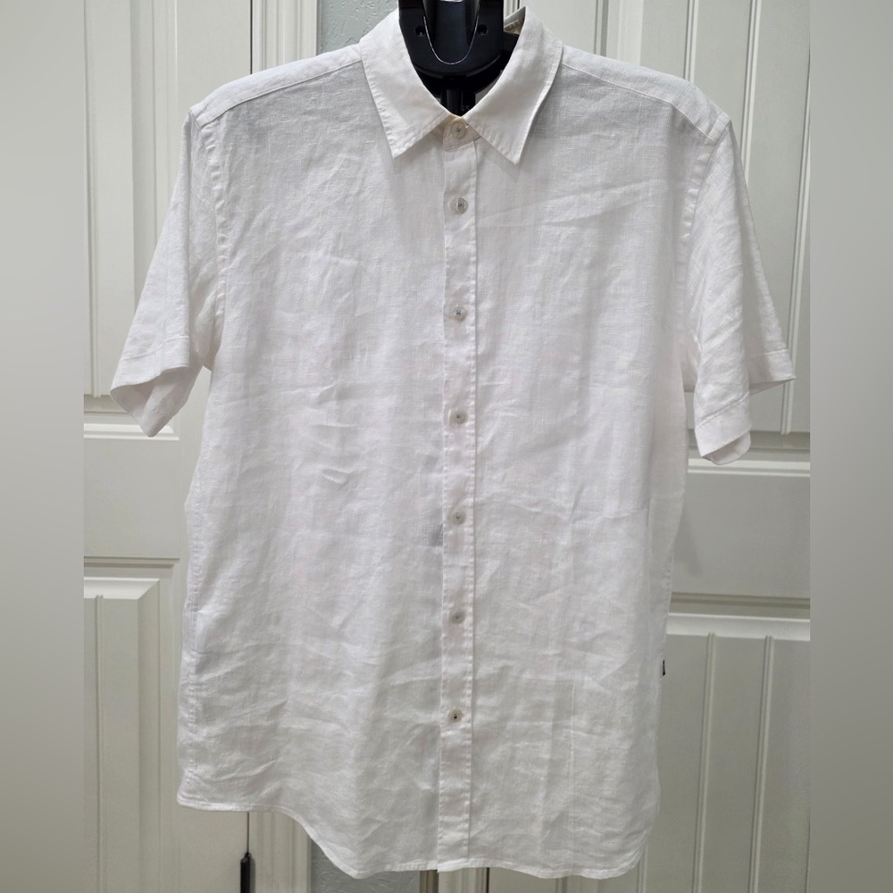 Boss White Short-Sleeve Linen Button-Down Shirt